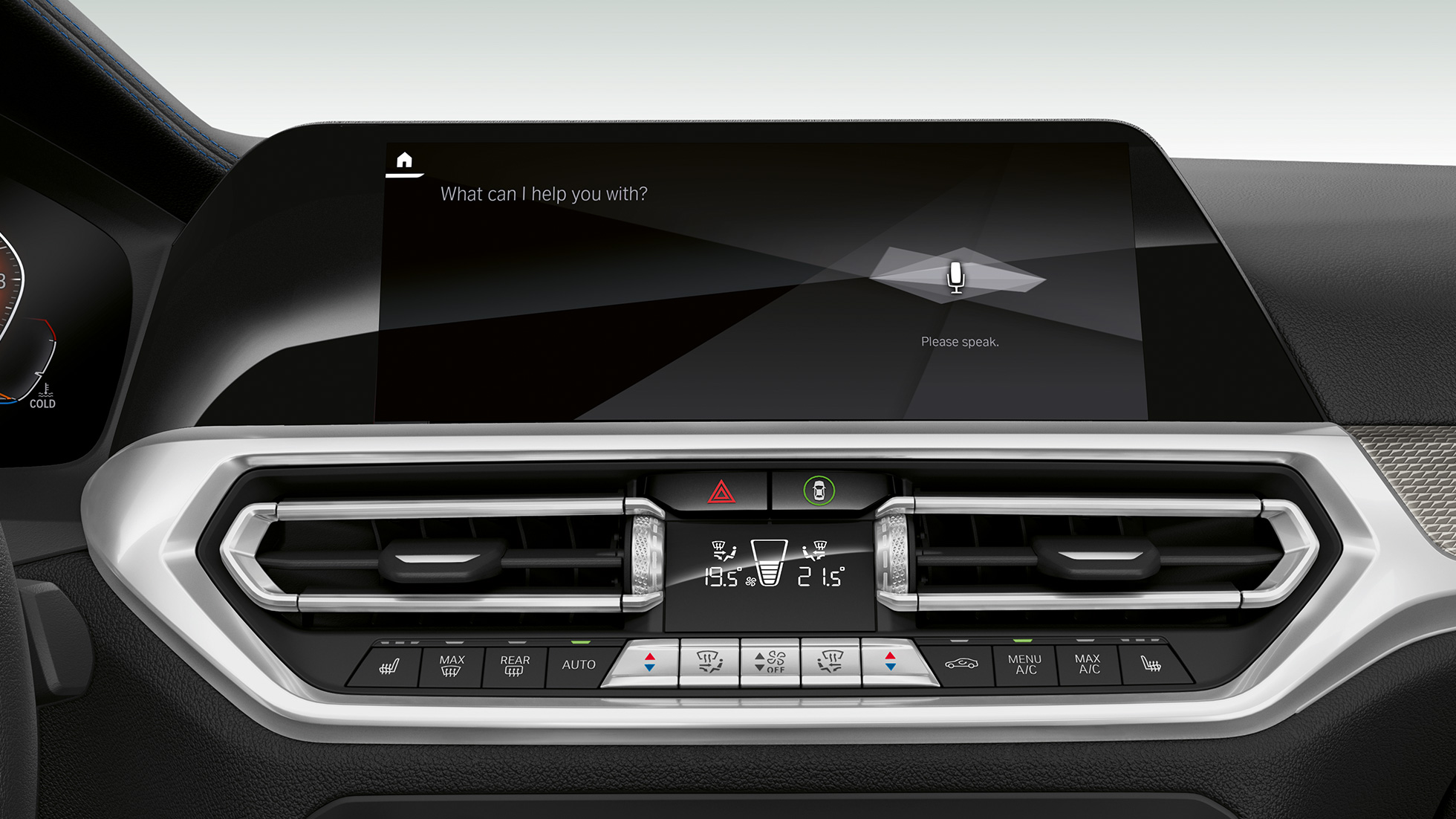 BMW 3 серии Седан, BMW Intelligent Personal Assistant. Крупный план дисплея кабины с BMW Intelligent Personal Assistant седана BMW 3 серии.