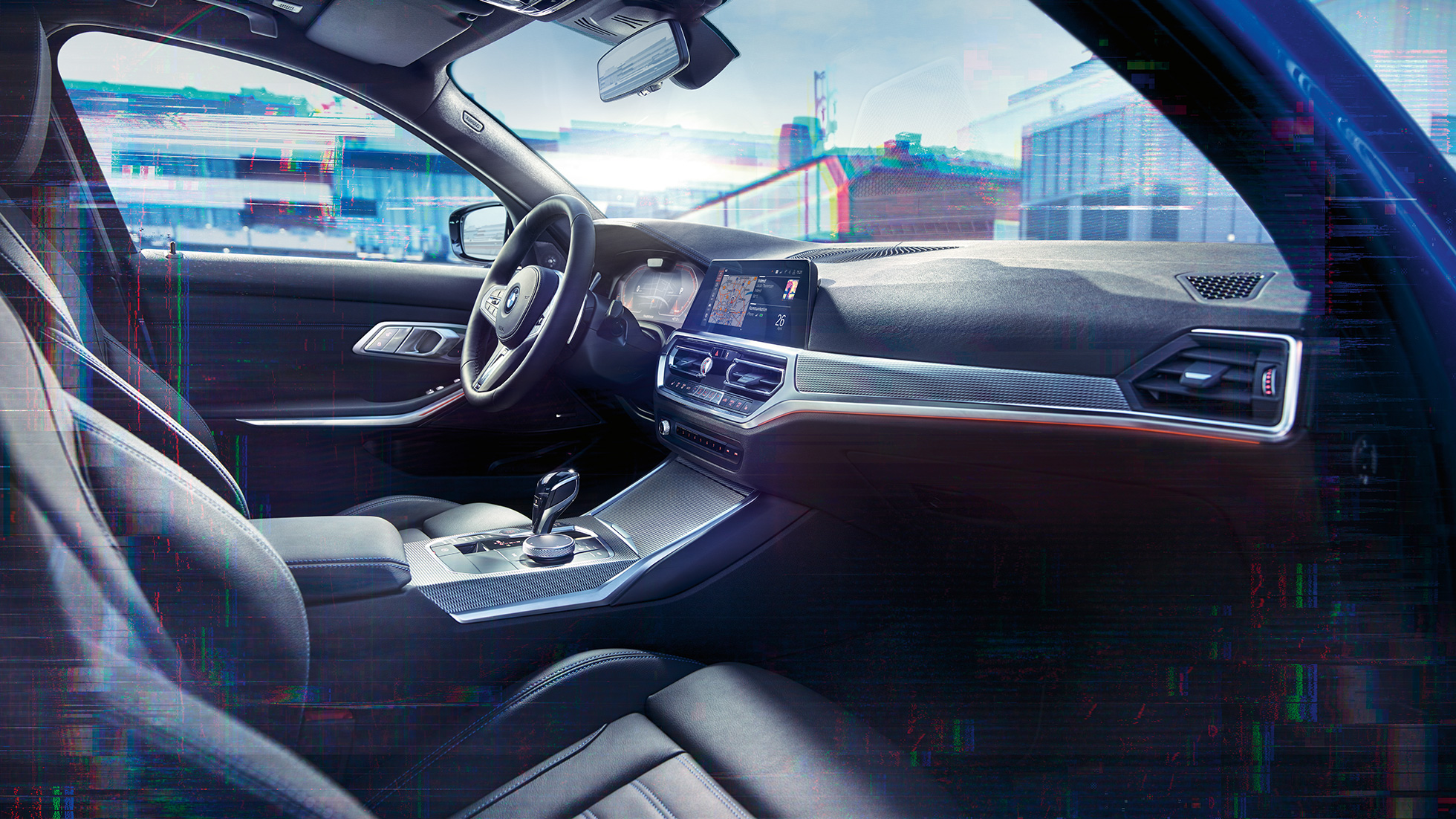BMW 3 серії Седан, BMW Live Cockpit Professional Крупный план интерьера седана BMW 3 серии с BMW Live Cockpit Professional.