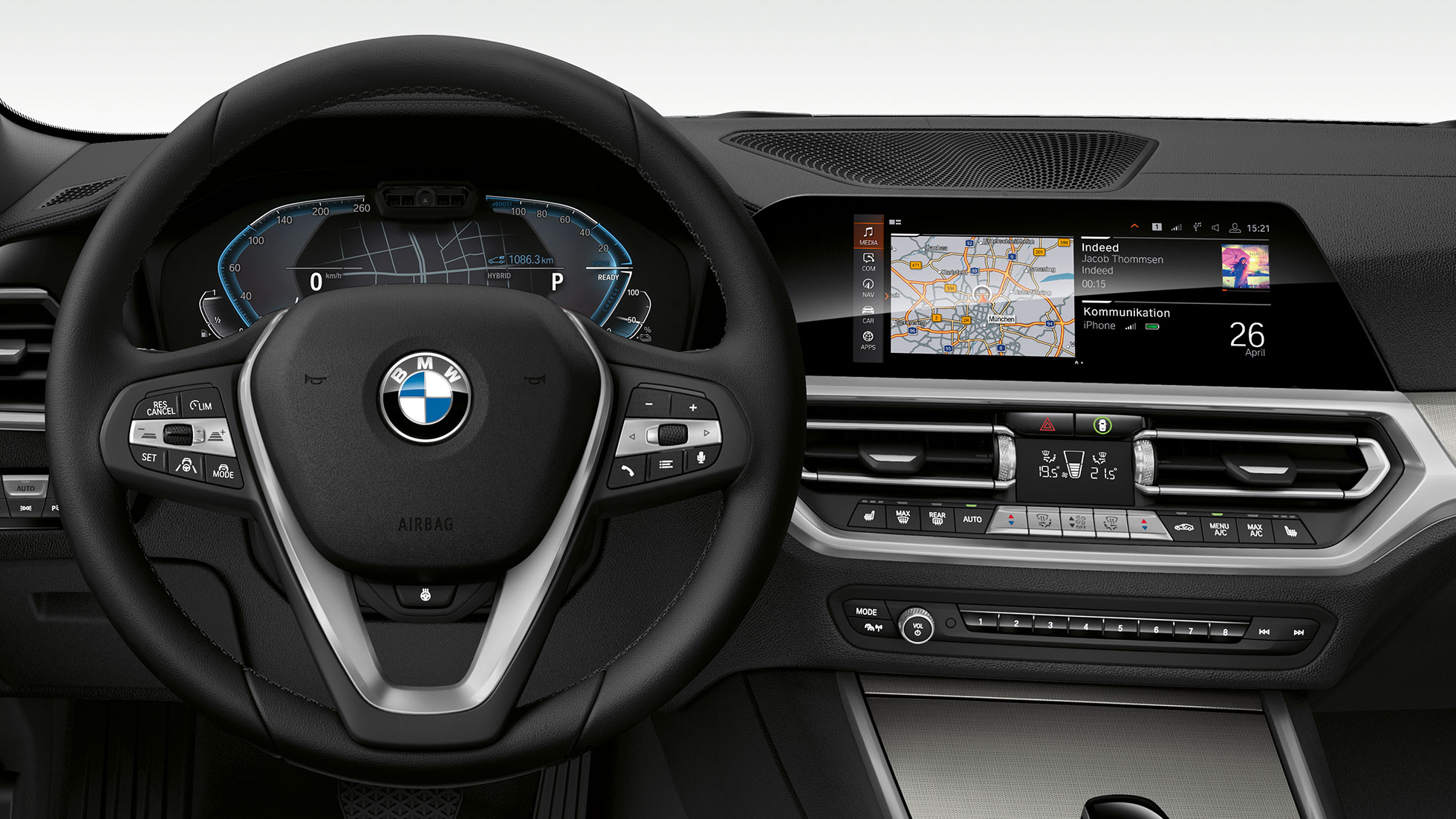 BMW 3 серии Седан 330e, кабина. Подробный вид спереди на кабину седана BMW 3 серии с дисплеем і.