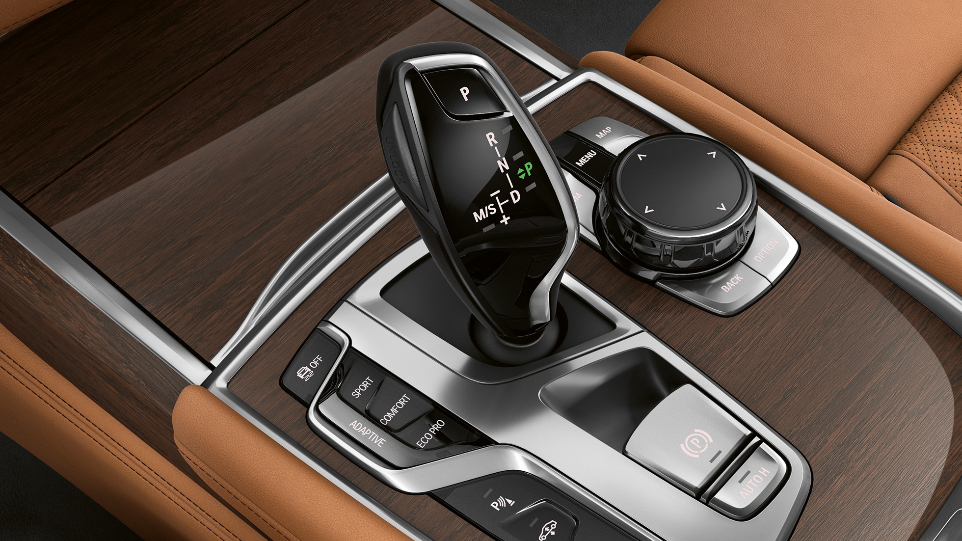 BMW 7 серии Седан с дизайном Pure Excellence: рычаг селектора Седан BMW 7 с дизайном Pure Excellence: крупный план рычага селектора