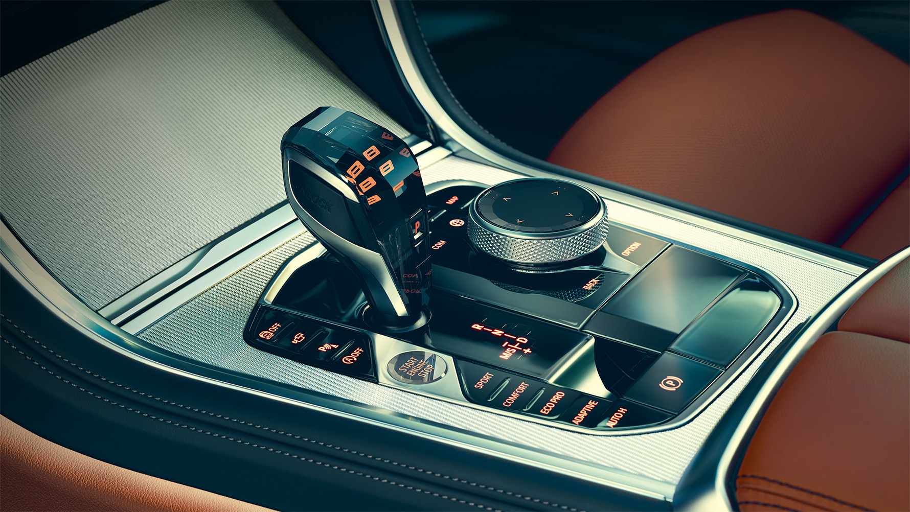Стеклянная отделка деталей интерьера BMW 8 серии Coupe Стеклянная отделка деталей интерьера BMW 8 серии Coupe крупным планом.