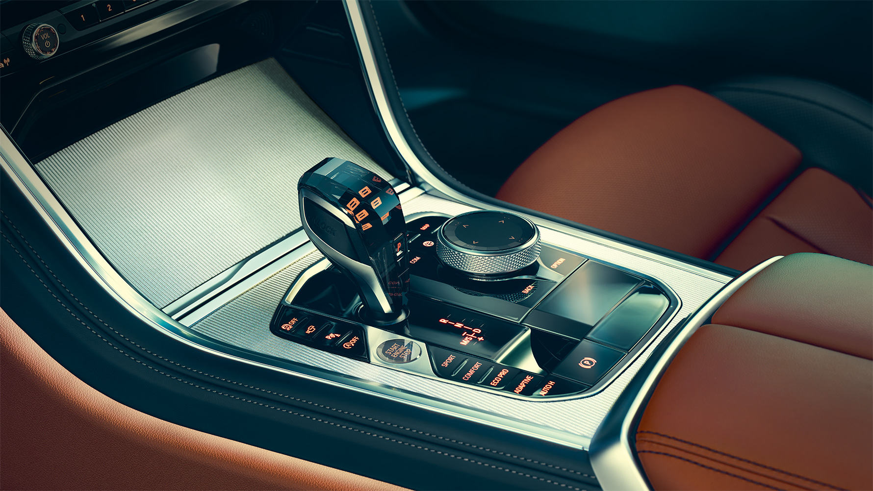 BMW 8 серии Coupe, центральная консоль Интерьер BMW 8 серии Coupe крупным планом с фокусом на центральную консоль.